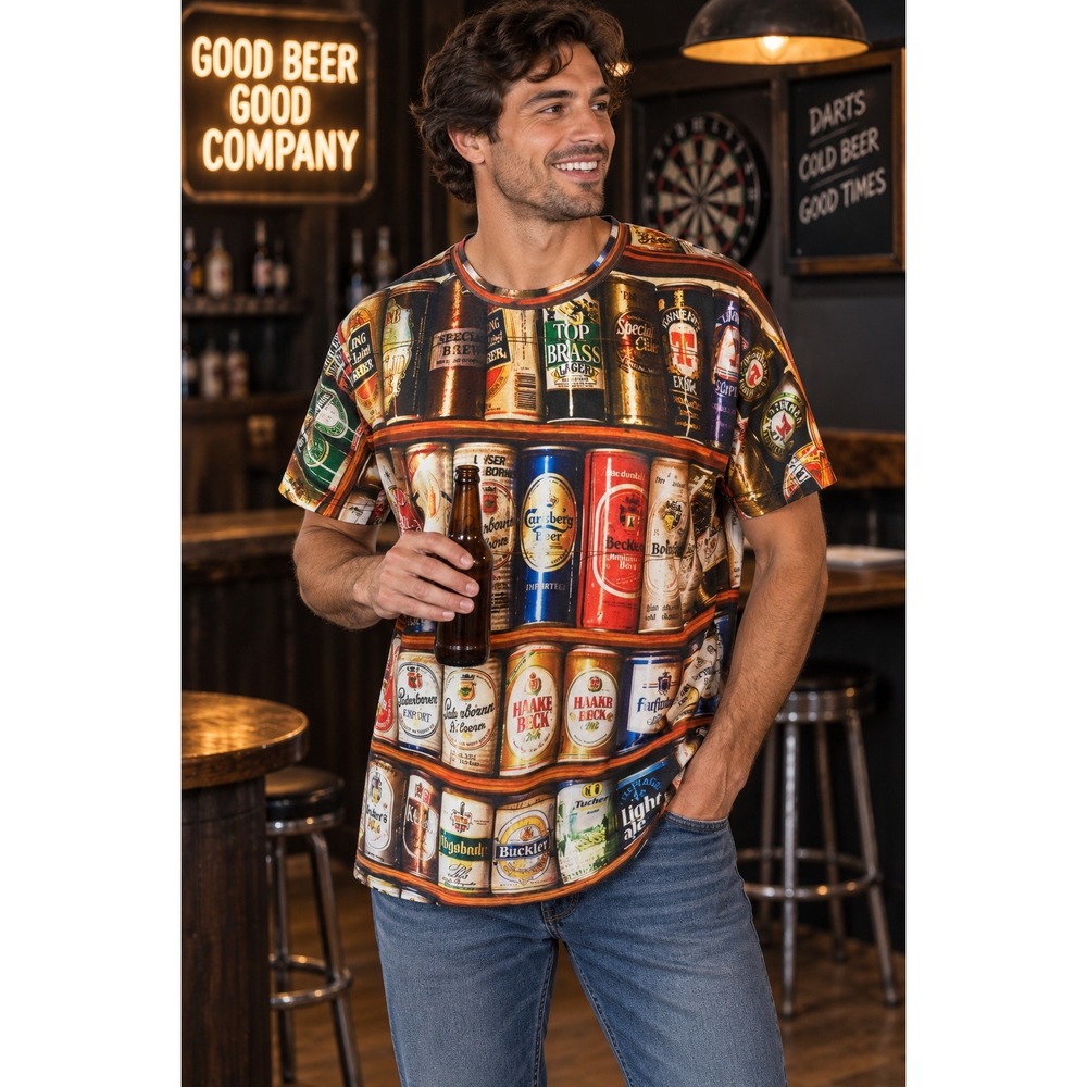 Mr 1991INC Men's XXL Beer Can All Over Print Graphic T Shirt Novelty Y2K